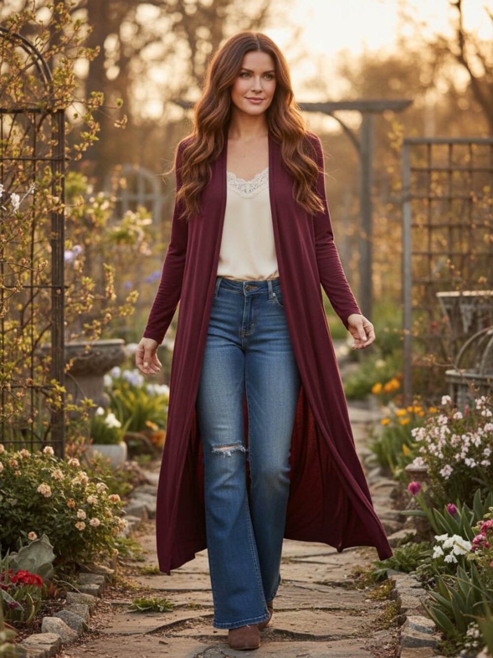 Charlotte Russe M Duster Kimono Top Burgundy Cover Up Knit Rayon Boho Whimsigoth